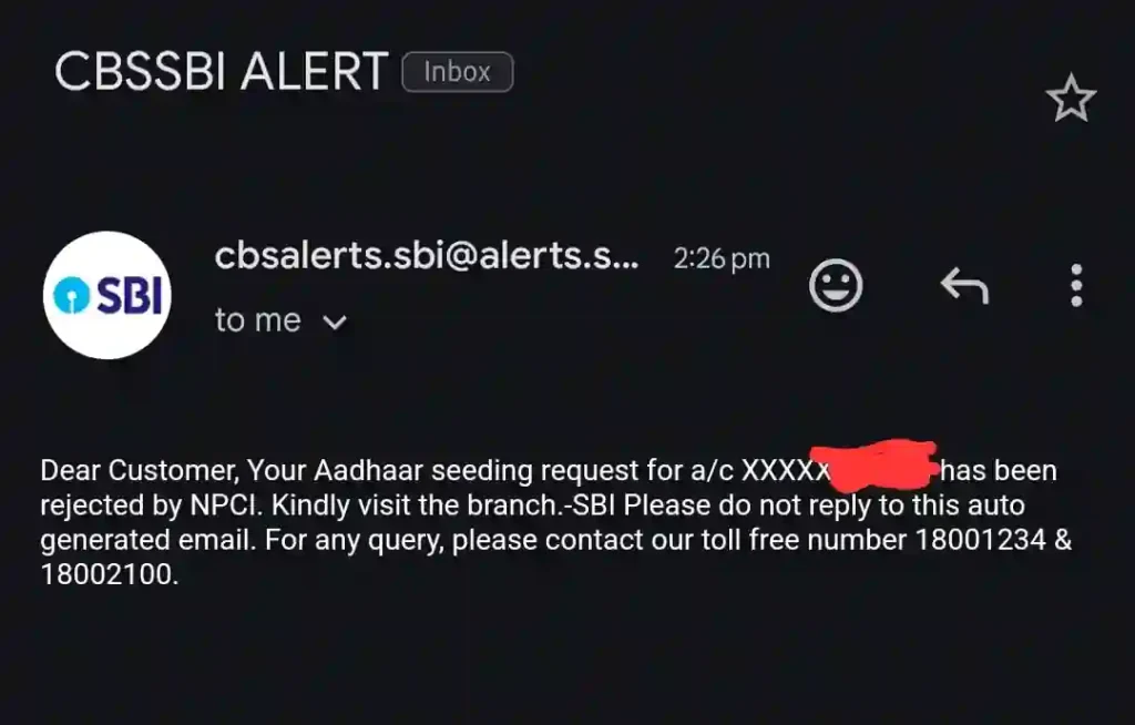 Your Aadhaar seeding request for a/c XXXX has been rejected by NPCI