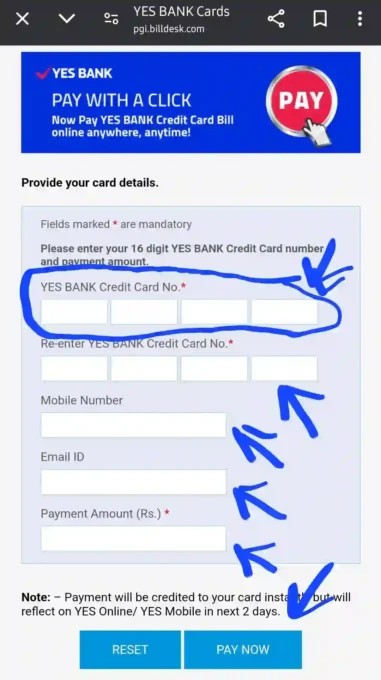 Yes Bank Kiwi Klick Credit Card Bill Payment